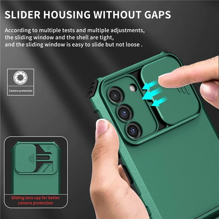 For Samsung Galaxy S22+ 5G Adjustable Vertical Kickstand Phone Case PC + TPU Hybrid Cover with Camera Slide Cover - Blackish Green