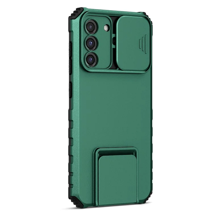For Samsung Galaxy S22+ 5G Adjustable Vertical Kickstand Phone Case PC + TPU Hybrid Cover with Camera Slide Cover - Blackish Green