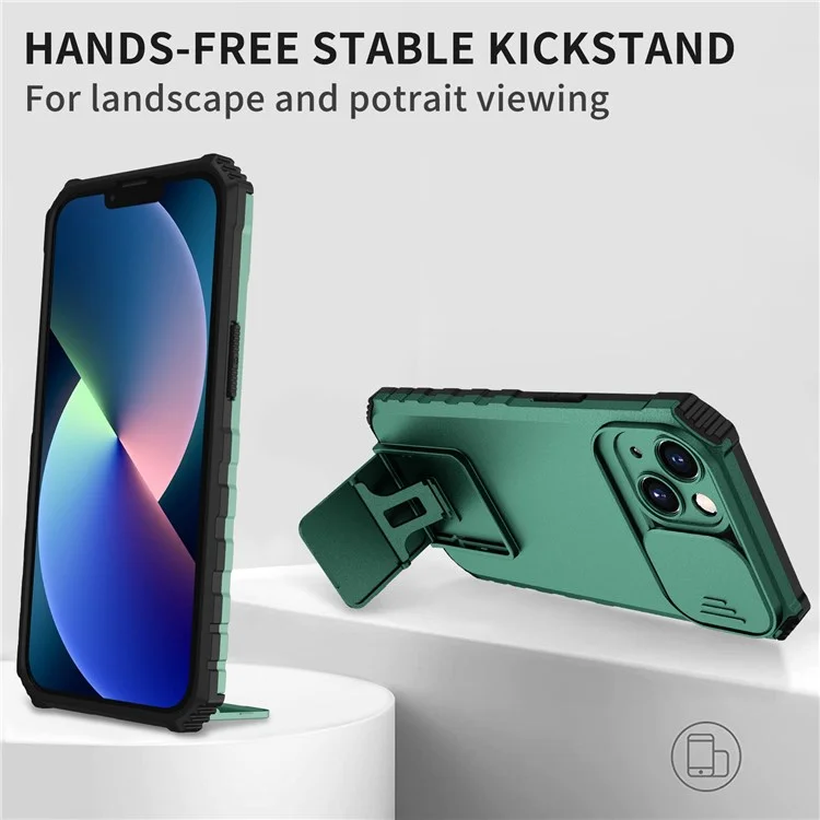 For Samsung Galaxy S22+ 5G Adjustable Vertical Kickstand Phone Case PC + TPU Hybrid Cover with Camera Slide Cover - Blackish Green