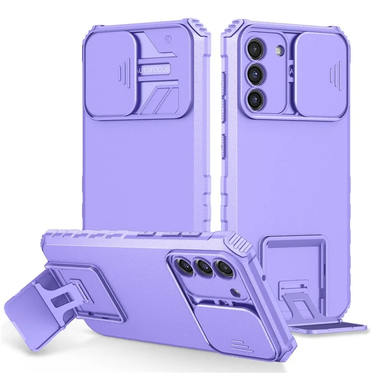 For Samsung Galaxy S22+ 5G Adjustable Vertical Kickstand Phone Case PC + TPU Hybrid Cover with Camera Slide Cover - Purple