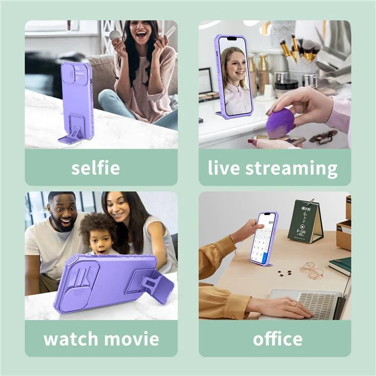 For Samsung Galaxy S22+ 5G Adjustable Vertical Kickstand Phone Case PC + TPU Hybrid Cover with Camera Slide Cover - Purple