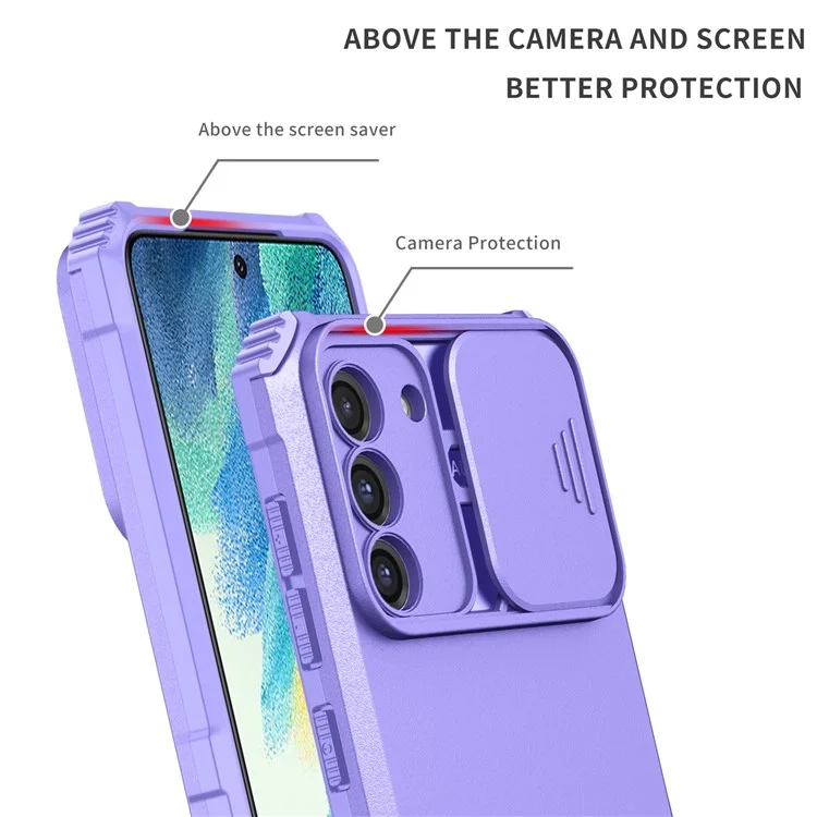 For Samsung Galaxy S22+ 5G Adjustable Vertical Kickstand Phone Case PC + TPU Hybrid Cover with Camera Slide Cover - Purple