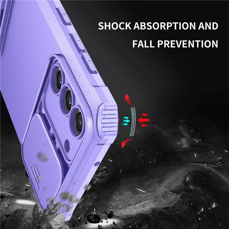 For Samsung Galaxy S22+ 5G Adjustable Vertical Kickstand Phone Case PC + TPU Hybrid Cover with Camera Slide Cover - Purple