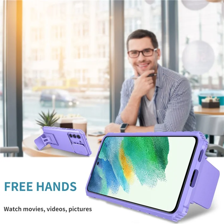 For Samsung Galaxy S22+ 5G Adjustable Vertical Kickstand Phone Case PC + TPU Hybrid Cover with Camera Slide Cover - Purple