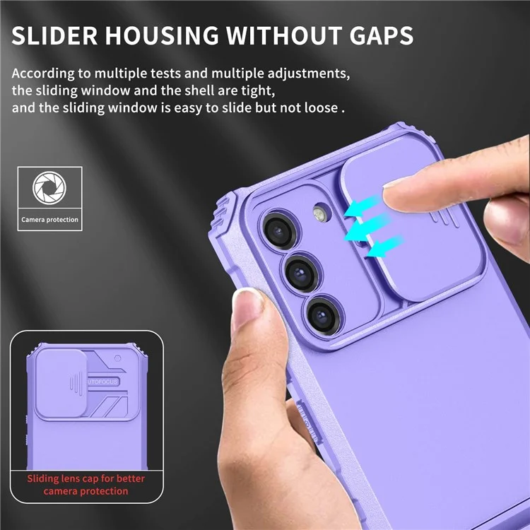 For Samsung Galaxy S22+ 5G Adjustable Vertical Kickstand Phone Case PC + TPU Hybrid Cover with Camera Slide Cover - Purple