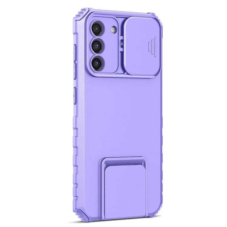 For Samsung Galaxy S22+ 5G Adjustable Vertical Kickstand Phone Case PC + TPU Hybrid Cover with Camera Slide Cover - Purple