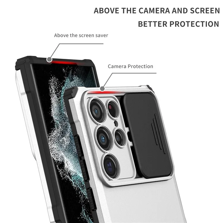 Per Samsung Galaxy S22 Ultra 5G Custodia per telefono con supporto verticale regolabile Slider protezione fotocamera Ibrida PC + TPU Cover - Bianco