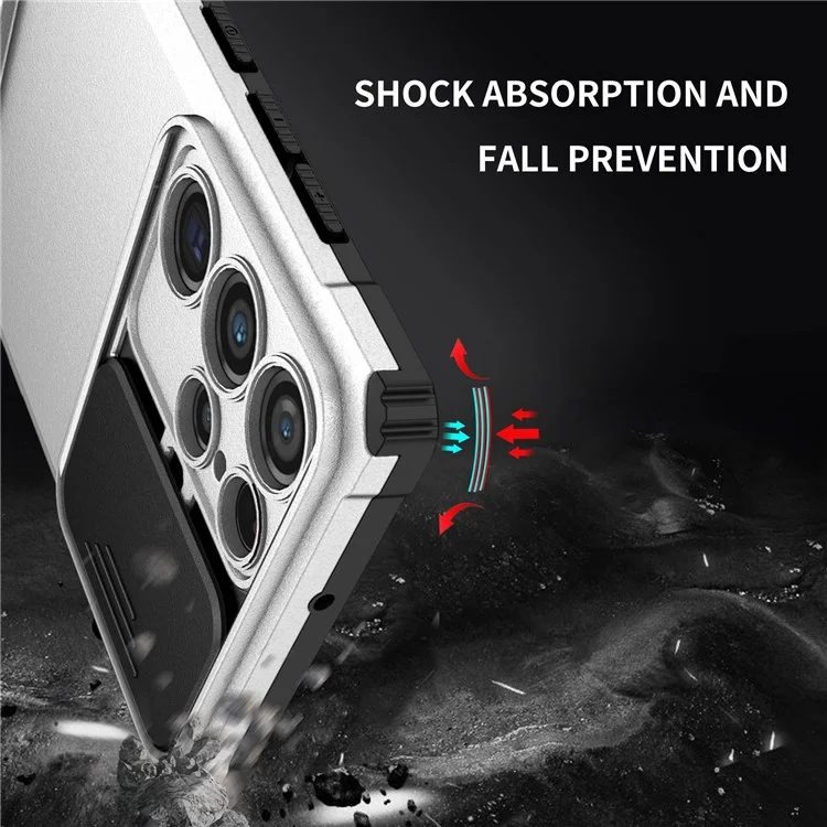 Per Samsung Galaxy S22 Ultra 5G Custodia per telefono con supporto verticale regolabile Slider protezione fotocamera Ibrida PC + TPU Cover - Bianco