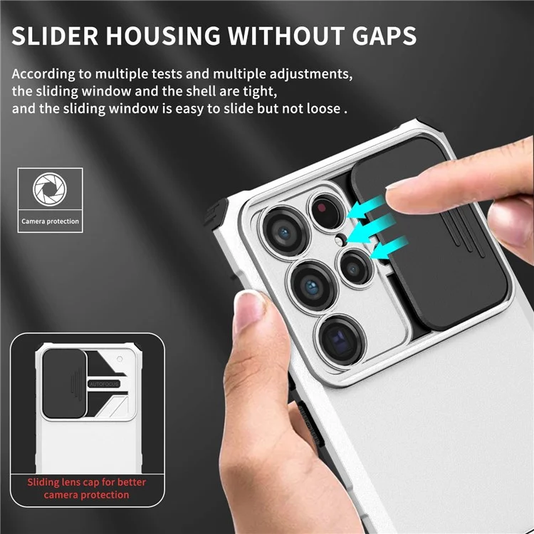 Per Samsung Galaxy S22 Ultra 5G Custodia per telefono con supporto verticale regolabile Slider protezione fotocamera Ibrida PC + TPU Cover - Bianco