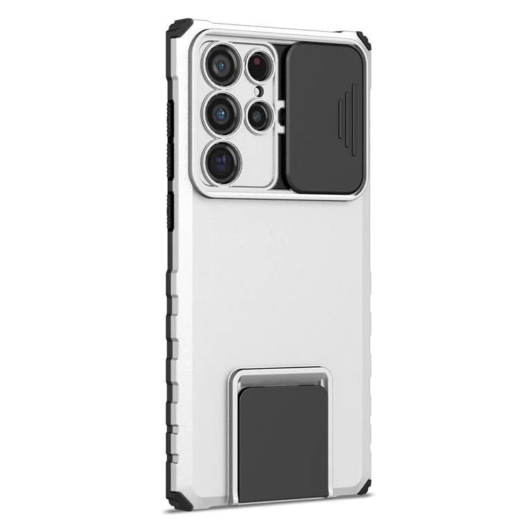Per Samsung Galaxy S22 Ultra 5G Custodia per telefono con supporto verticale regolabile Slider protezione fotocamera Ibrida PC + TPU Cover - Bianco