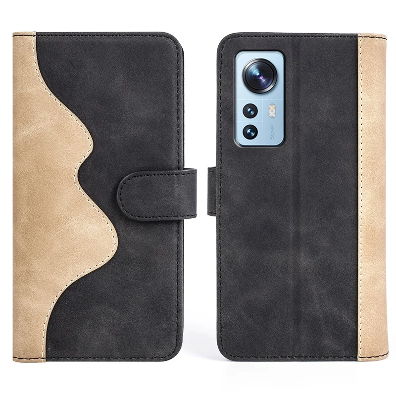 For Xiaomi 12/12X/12S 5G Magnetic Closure Folio Flip Shockproof Phone Cover Splicing Design Stand Function Leather Case with Wallet - Black