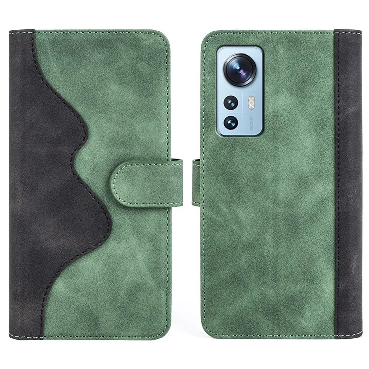 For Xiaomi 12/12X/12S 5G Magnetic Closure Folio Flip Shockproof Phone Cover Splicing Design Stand Function Leather Case with Wallet - Green