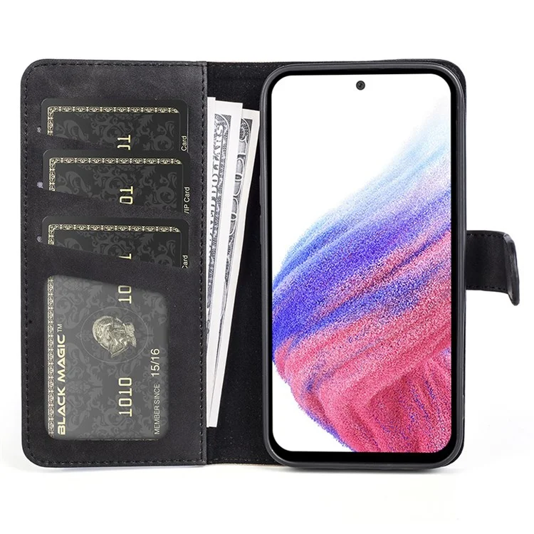 Splicing Design Cell Phone Case for Samsung Galaxy A53 5G Leather Wallet Style Folio Flip Anti-fall Phone Shell with Stand - Black