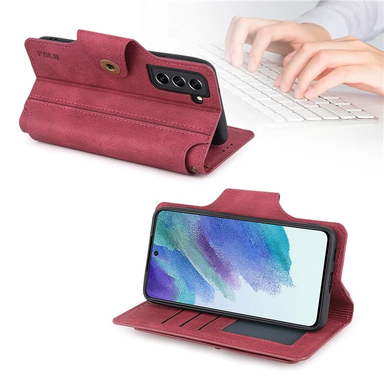 POLA Pour Samsung Galaxy S22 + 5G 010 Tocher Incorie 9 Sostes Carde PU Cuir de Téléphone Avec Support de Portefeuille et Bracelet de Bracelet Couvercle de Fermeture - Rouge