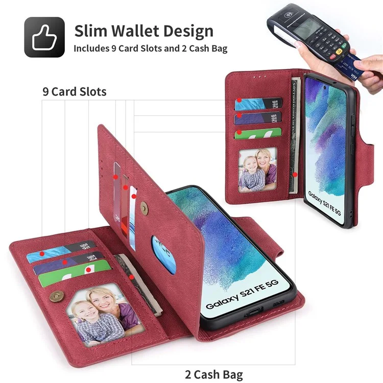 POLA Pour Samsung Galaxy S22 + 5G 010 Tocher Incorie 9 Sostes Carde PU Cuir de Téléphone Avec Support de Portefeuille et Bracelet de Bracelet Couvercle de Fermeture - Rouge
