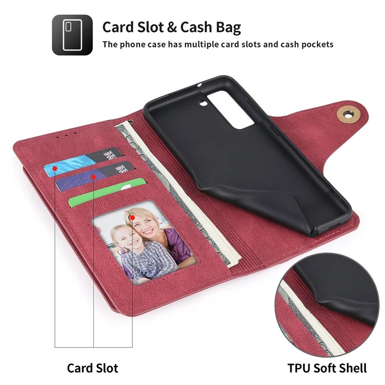 POLA Pour Samsung Galaxy S22 + 5G 010 Tocher Incorie 9 Sostes Carde PU Cuir de Téléphone Avec Support de Portefeuille et Bracelet de Bracelet Couvercle de Fermeture - Rouge