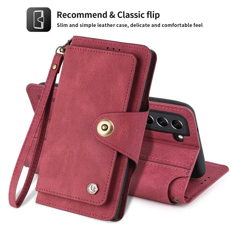 POLA Pour Samsung Galaxy S22 + 5G 010 Tocher Incorie 9 Sostes Carde PU Cuir de Téléphone Avec Support de Portefeuille et Bracelet de Bracelet Couvercle de Fermeture - Rouge