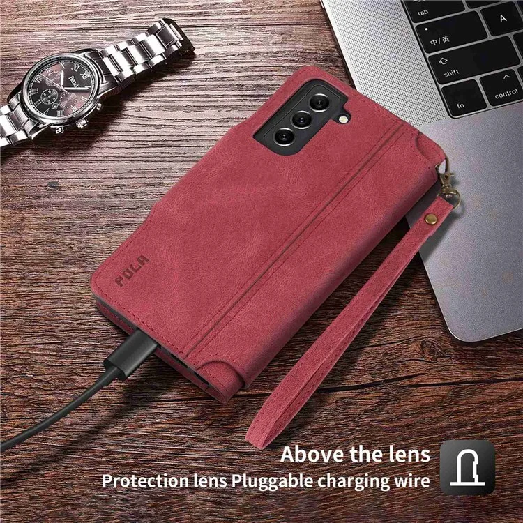 POLA Pour Samsung Galaxy S22 + 5G 010 Tocher Incorie 9 Sostes Carde PU Cuir de Téléphone Avec Support de Portefeuille et Bracelet de Bracelet Couvercle de Fermeture - Rouge