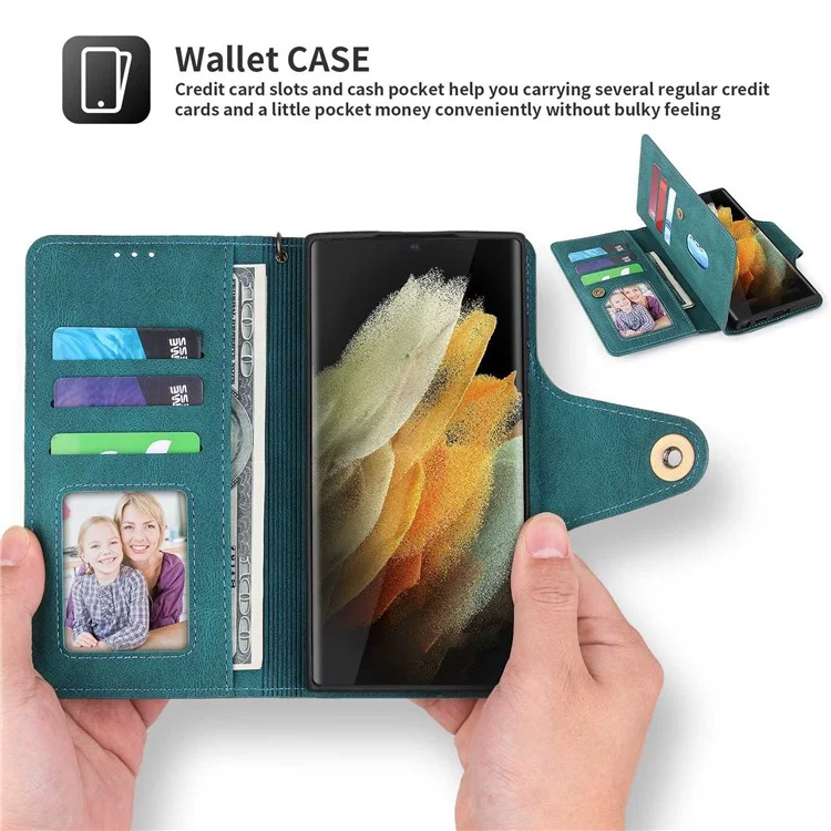 Pola Per Samsung Galaxy S22 Ultra 5G 010 Custodia Per Telefono in Pelle PU Anti-fall a 9 Schede Con Supporto Per il Portafoglio e Copertura Della Fibbia Del Cinturino da Polso - Blu