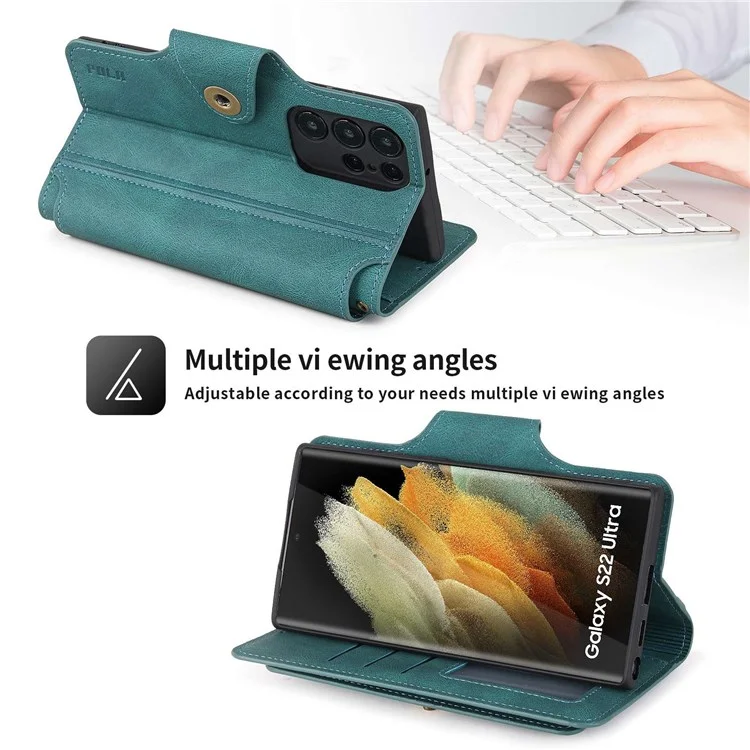 Pola Per Samsung Galaxy S22 Ultra 5G 010 Custodia Per Telefono in Pelle PU Anti-fall a 9 Schede Con Supporto Per il Portafoglio e Copertura Della Fibbia Del Cinturino da Polso - Blu