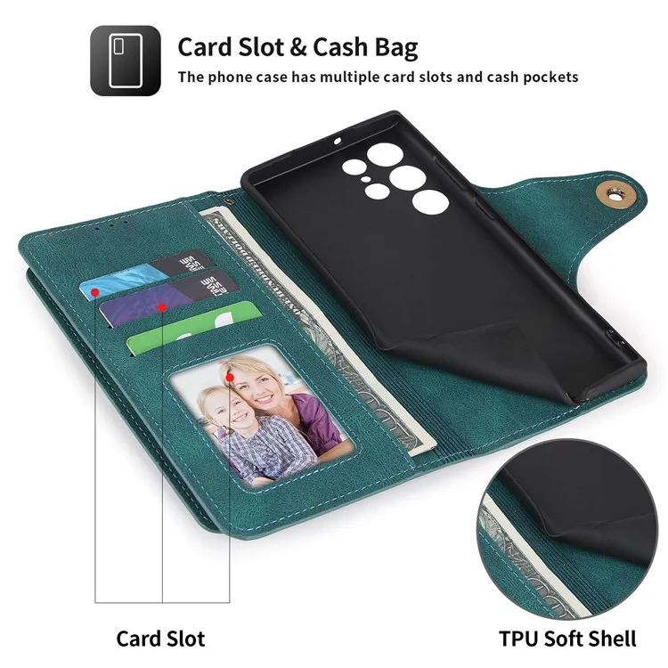 Pola Per Samsung Galaxy S22 Ultra 5G 010 Custodia Per Telefono in Pelle PU Anti-fall a 9 Schede Con Supporto Per il Portafoglio e Copertura Della Fibbia Del Cinturino da Polso - Blu