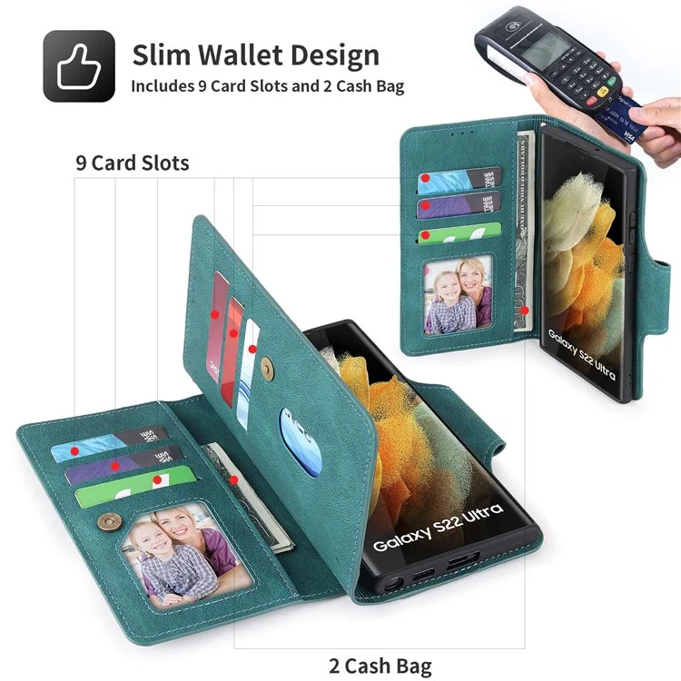 Pola Per Samsung Galaxy S22 Ultra 5G 010 Custodia Per Telefono in Pelle PU Anti-fall a 9 Schede Con Supporto Per il Portafoglio e Copertura Della Fibbia Del Cinturino da Polso - Blu