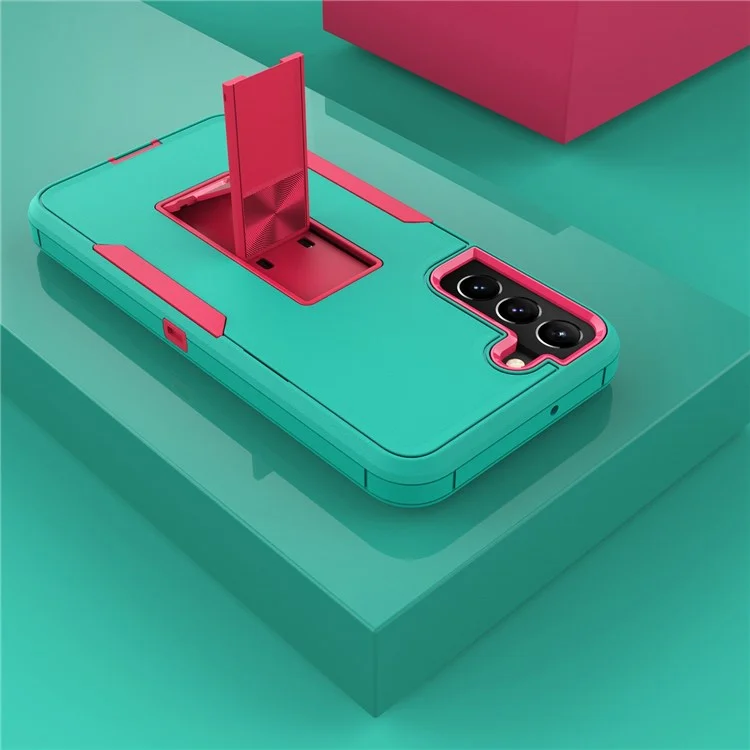 For Samsung Galaxy S22+ 5G Hard PC + Soft TPU Hybrid Phone Cover with Integrated Kickstand Car Mount Metal Sheet Case - Teal/Rose