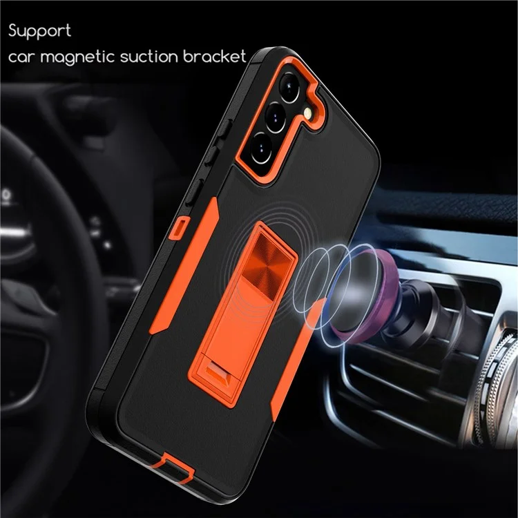 For Samsung Galaxy S22+ 5G Hard PC + Soft TPU Hybrid Phone Cover with Integrated Kickstand Car Mount Metal Sheet Case - Teal/Rose