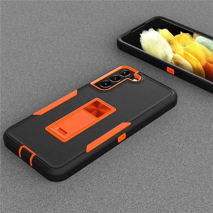 For Samsung Galaxy S22+ 5G Hard PC + Soft TPU Hybrid Phone Cover with Integrated Kickstand Car Mount Metal Sheet Case - Teal/Rose