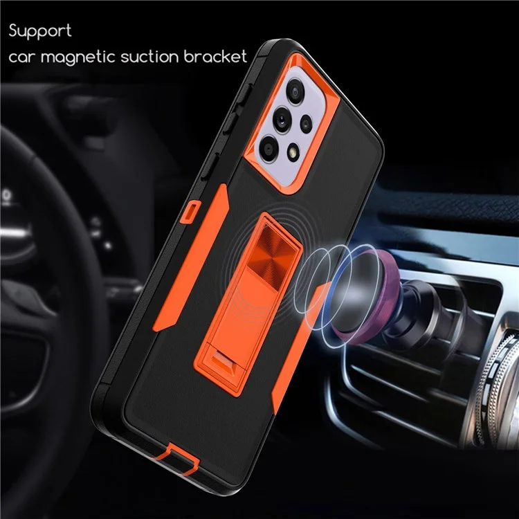For Samsung Galaxy A33 5G Drop Proof PC + TPU Hybrid Phone Cover with Integrated Kickstand Car Mount Metal Sheet Case - Sapphire/Dark Blue