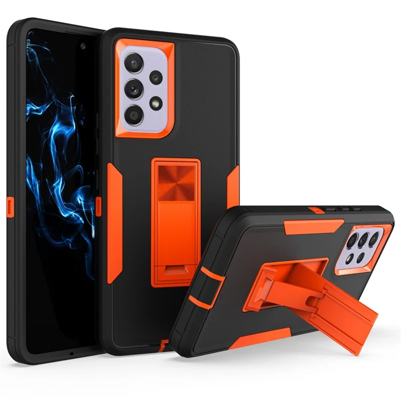 For Samsung Galaxy A53 5G Back Shell, Scratch Resistant PC + TPU Hybrid Phone Cover with Integrated Kickstand Car Mount Metal Sheet Case - Black/Orange