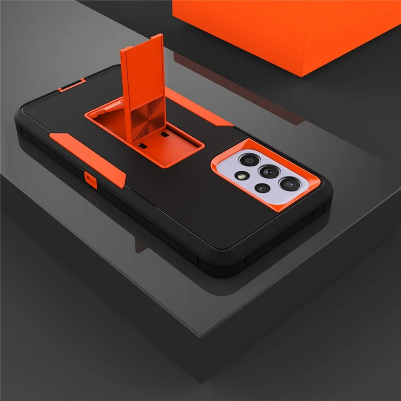For Samsung Galaxy A53 5G Back Shell, Scratch Resistant PC + TPU Hybrid Phone Cover with Integrated Kickstand Car Mount Metal Sheet Case - Black/Orange