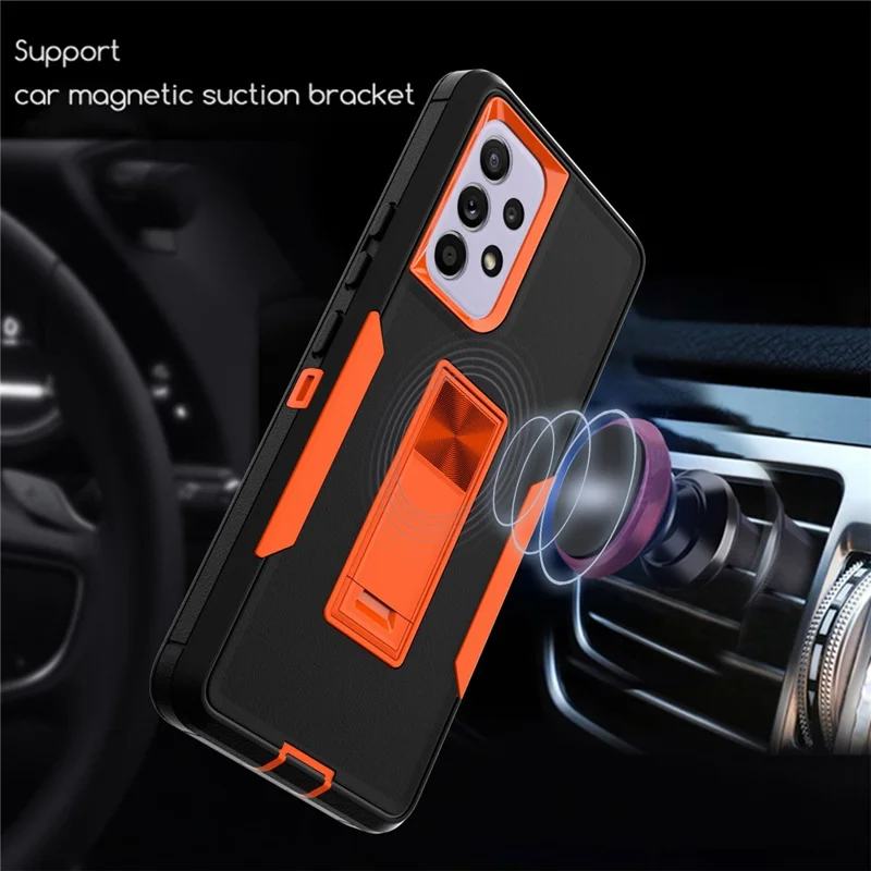 For Samsung Galaxy A53 5G Back Shell, Scratch Resistant PC + TPU Hybrid Phone Cover with Integrated Kickstand Car Mount Metal Sheet Case - Black/Orange