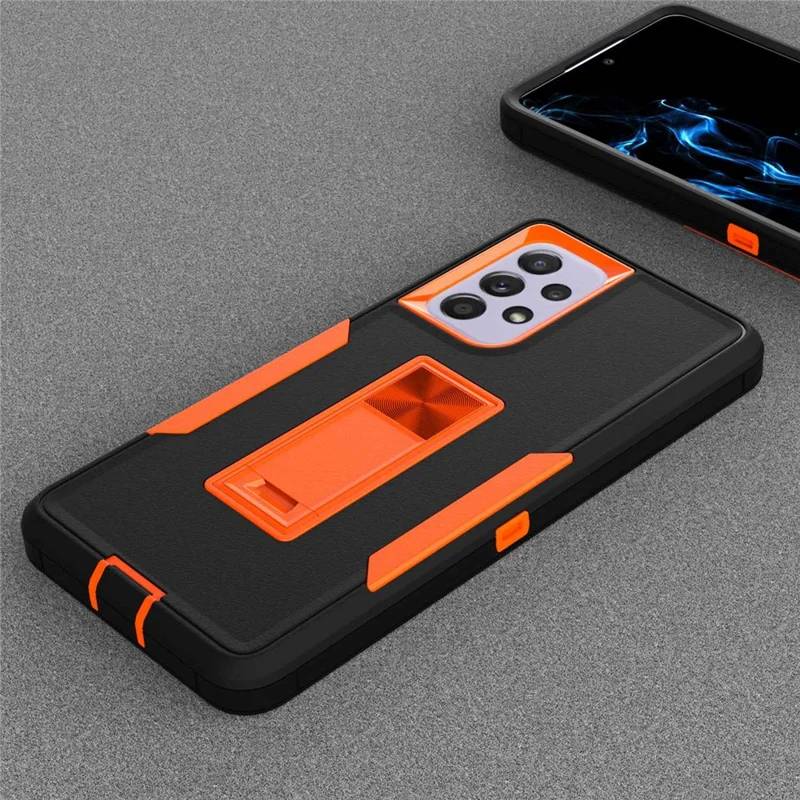 For Samsung Galaxy A53 5G Back Shell, Scratch Resistant PC + TPU Hybrid Phone Cover with Integrated Kickstand Car Mount Metal Sheet Case - Black/Orange