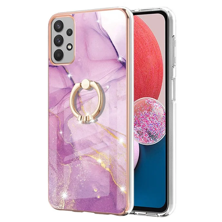 YB IMD Series-10 Pour Samsung Galaxy A13 4G Marble Modèle IMD Flexible TPU Case TPU Rotary Ring Kickstand Electroply Frame Téléphone - Purple 001