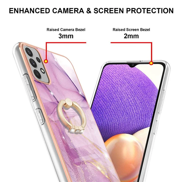 YB IMD Series-10 Pour Samsung Galaxy A13 4G Marble Modèle IMD Flexible TPU Case TPU Rotary Ring Kickstand Electroply Frame Téléphone - Purple 001