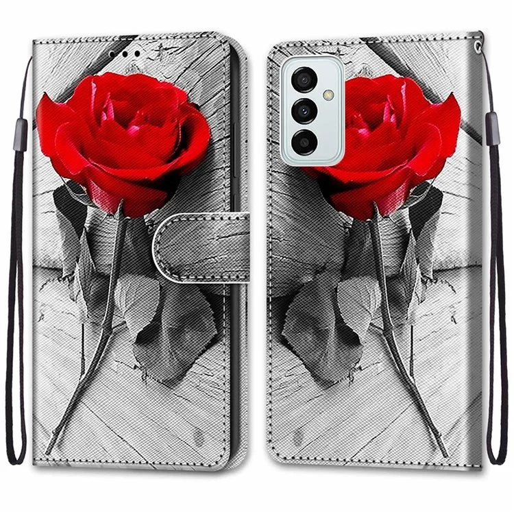 Новая Рисунка Печать Кожаная Оболочка PU Для Samsung Galaxy M23 5G/F23 5G, Анти-столбца, Устойчивый - B10 Красная Роза на Деревянном Полу