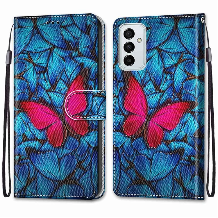 Новая Рисунка Печать Кожаная Оболочка PU Для Samsung Galaxy M23 5G/F23 5G, Анти-столбца, Устойчивый - B14 Big Red Butterfly на Синем Фоне
