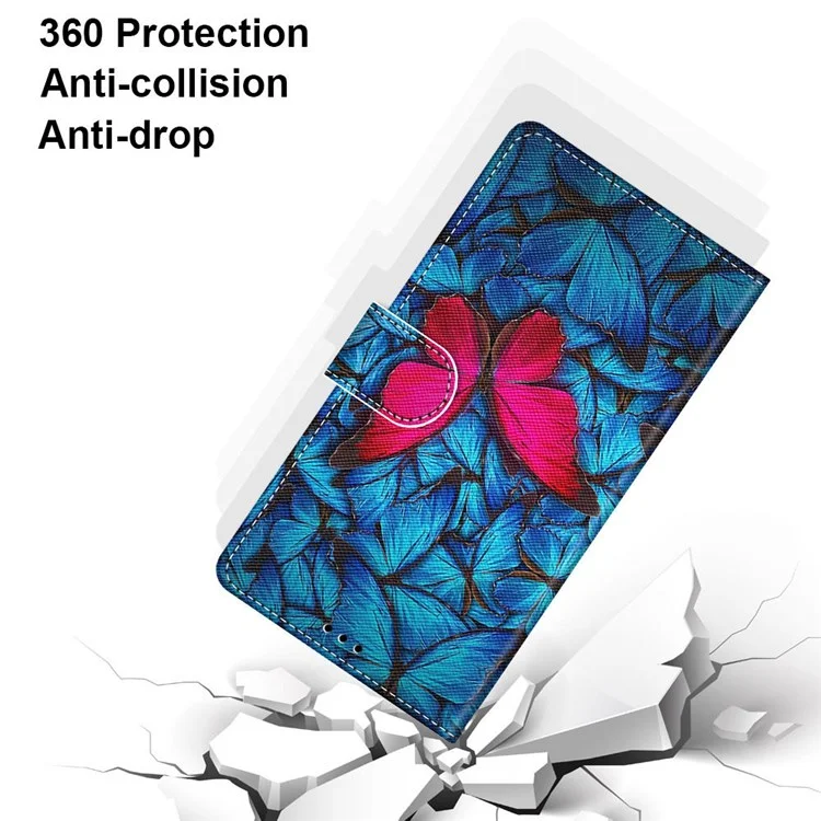 Новая Рисунка Печать Кожаная Оболочка PU Для Samsung Galaxy M23 5G/F23 5G, Анти-столбца, Устойчивый - B14 Big Red Butterfly на Синем Фоне