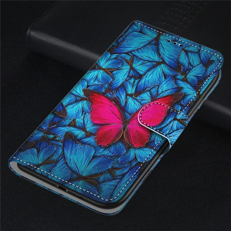 Новая Рисунка Печать Кожаная Оболочка PU Для Samsung Galaxy M23 5G/F23 5G, Анти-столбца, Устойчивый - B14 Big Red Butterfly на Синем Фоне