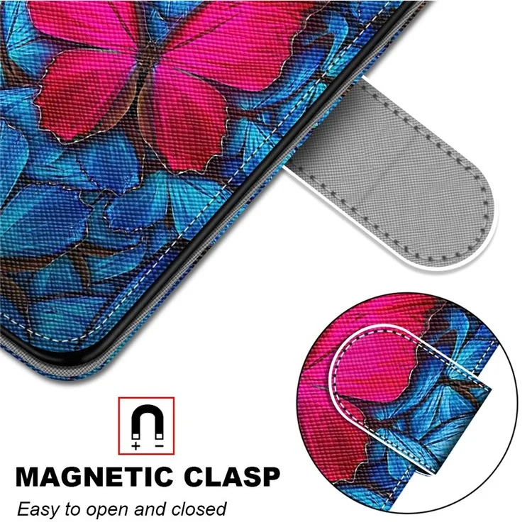 Новая Рисунка Печать Кожаная Оболочка PU Для Samsung Galaxy M23 5G/F23 5G, Анти-столбца, Устойчивый - B14 Big Red Butterfly на Синем Фоне