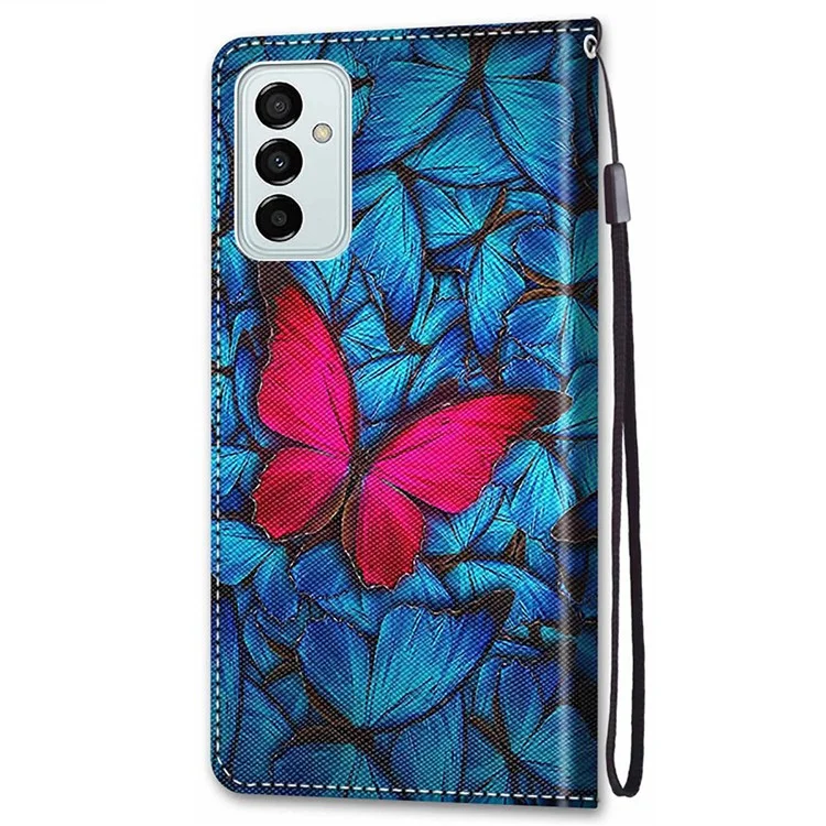 Новая Рисунка Печать Кожаная Оболочка PU Для Samsung Galaxy M23 5G/F23 5G, Анти-столбца, Устойчивый - B14 Big Red Butterfly на Синем Фоне