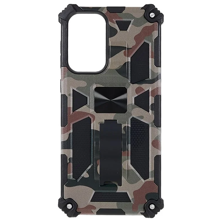 For Samsung Galaxy A73 5G Military Sturdy Kickstand Case Camouflage Pattern Heavy Duty PC + TPU Shock Absorption Cover - Army Green