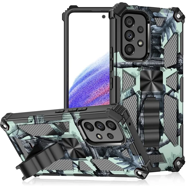Camouflage Pattern Phone Protective Shell for Samsung Galaxy A33 5G, Magnet Sheet Design Phone Case with Kickstand - Green