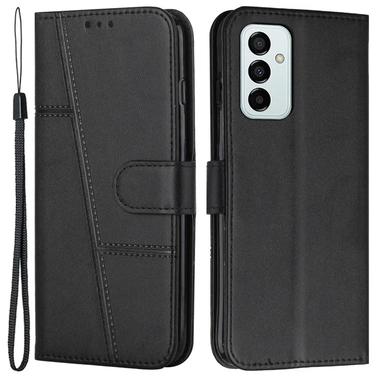 For Samsung Galaxy M23 5G/F23 5G PU Leather TPU Interior Case Stand Feature Magnetic Folio Book Folding Stitching Cover with Strap - Black