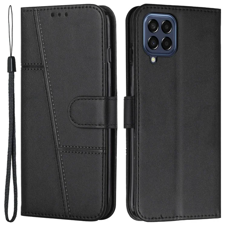 For Samsung Galaxy M53 5G PU Leather Phone Case Shock Absorbing Wallet Stand Flip Stitching Cover with Strap - Black