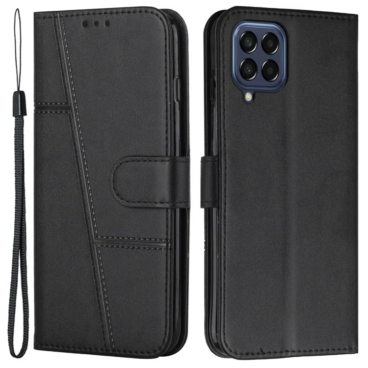 Для Samsung Galaxy M33 5G (Global Version) PU Кожаная Строчка Стенда Магнитная Защита Shock -reseep Flip с Ремешком - Черный
