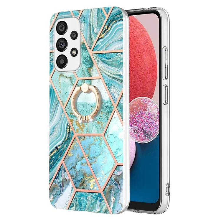For Samsung Galaxy A13 4G, Back Cover with Ring Kickstand Splicing Marble Pattern TPU Case - Blue