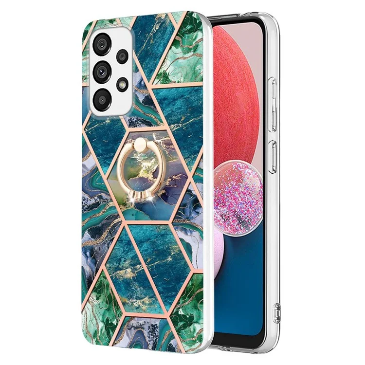 YB IMD Series-7 Marble Pattern TPU Case for Samsung Galaxy A13 4G, Anti-collision Ring Kickstand Phone Cover Electroplating IMD Protective Shell - Blue/Green