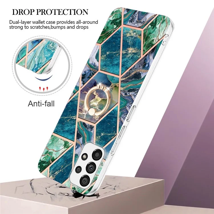 YB IMD Series-7 Marble Pattern TPU Case for Samsung Galaxy A13 4G, Anti-collision Ring Kickstand Phone Cover Electroplating IMD Protective Shell - Blue/Green